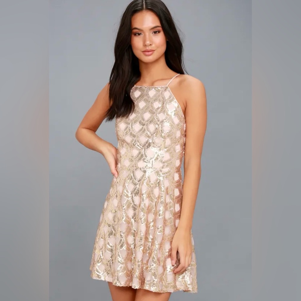 NWT Lulus Dancing Lights Rose Gold Skater Dress XL
